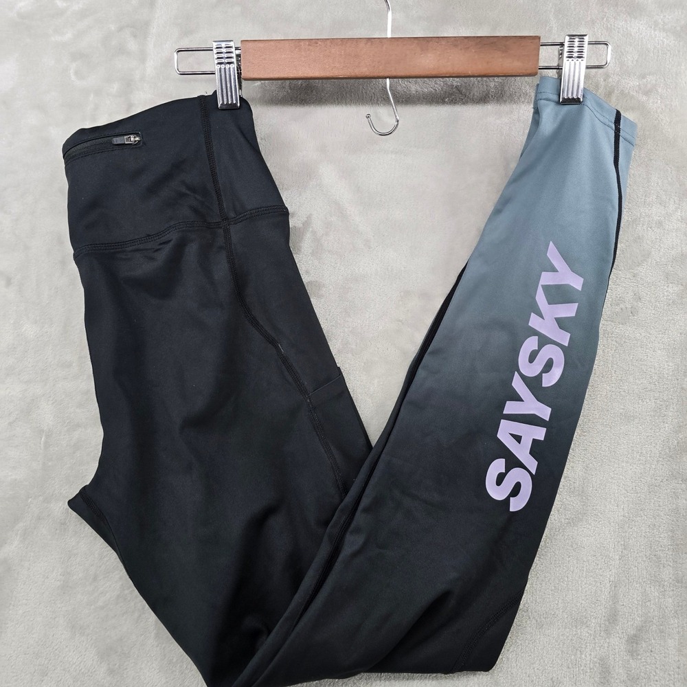 SAYSKY Womens XS Leggings Black Grey Ombre Running Pockets Purple Logo